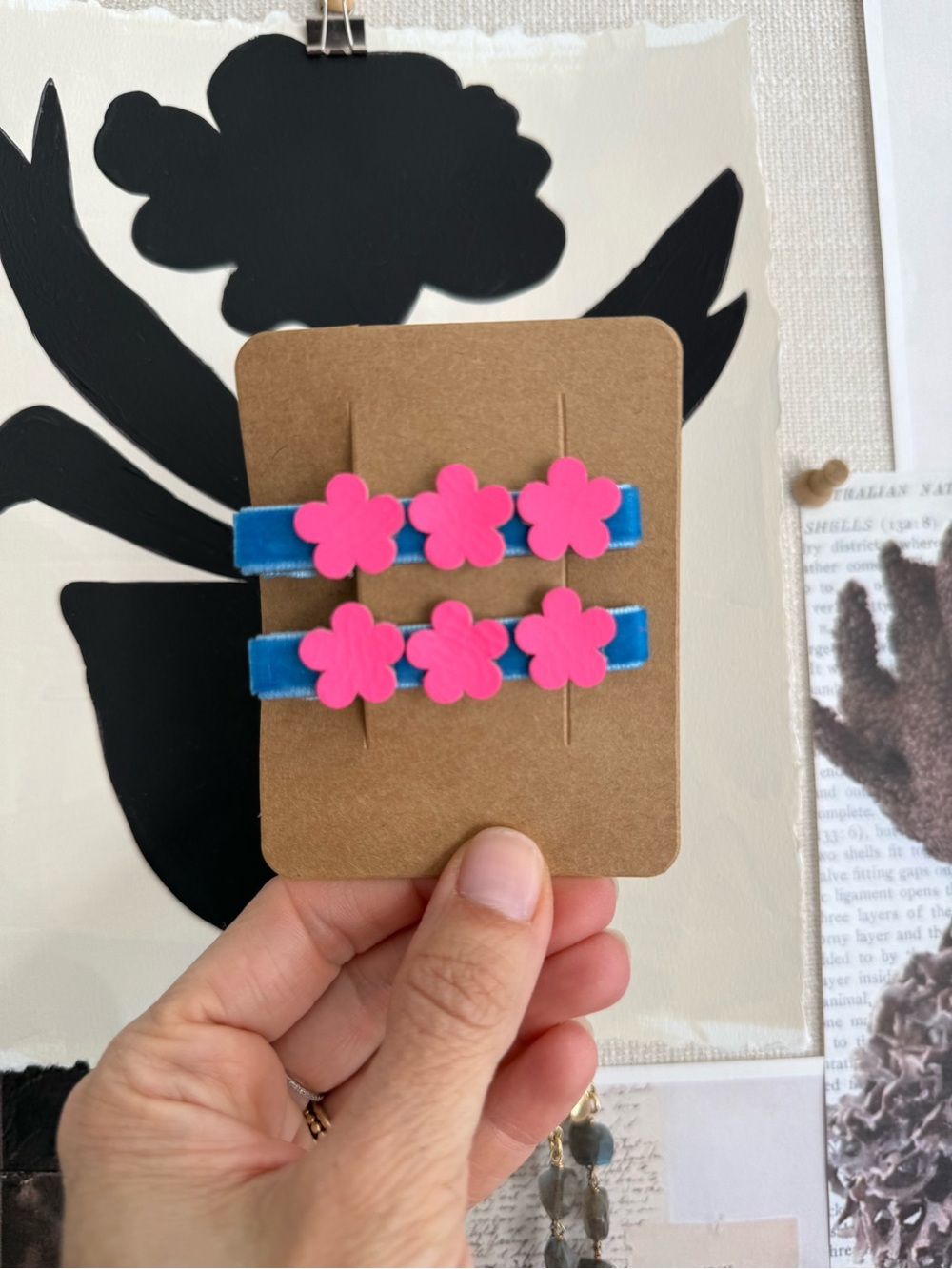 Velvet and leather flower hair clips set set of 2